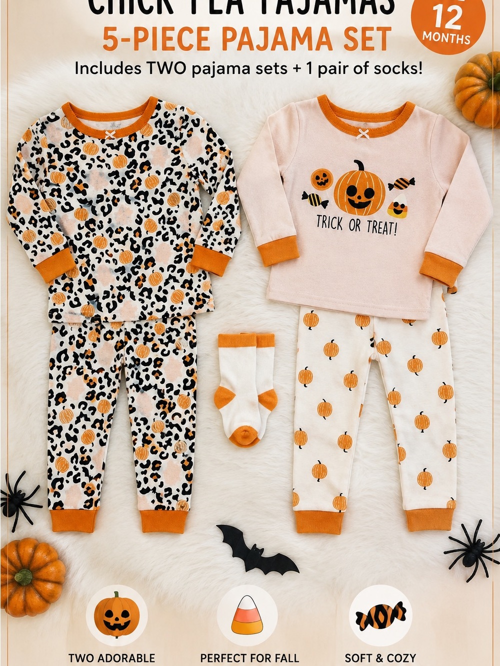 chick pea Orange and Pink Halloween Pumpkin 2-Pack Pajama Set with Socks